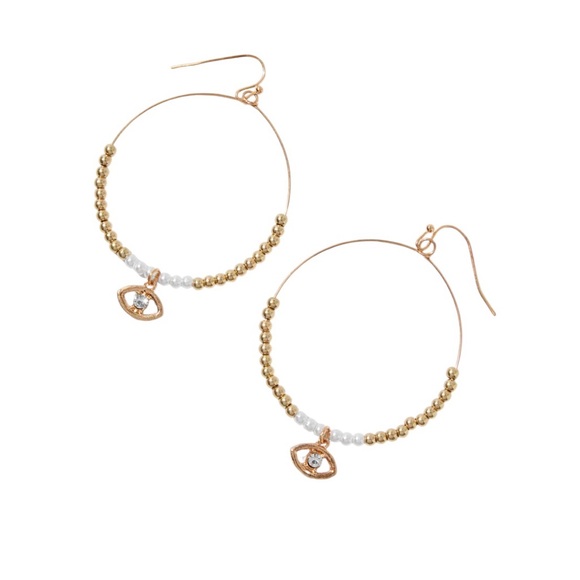 Gold-tone Beaded Evil Eye Hoop Earrings - Picture 1 of 2